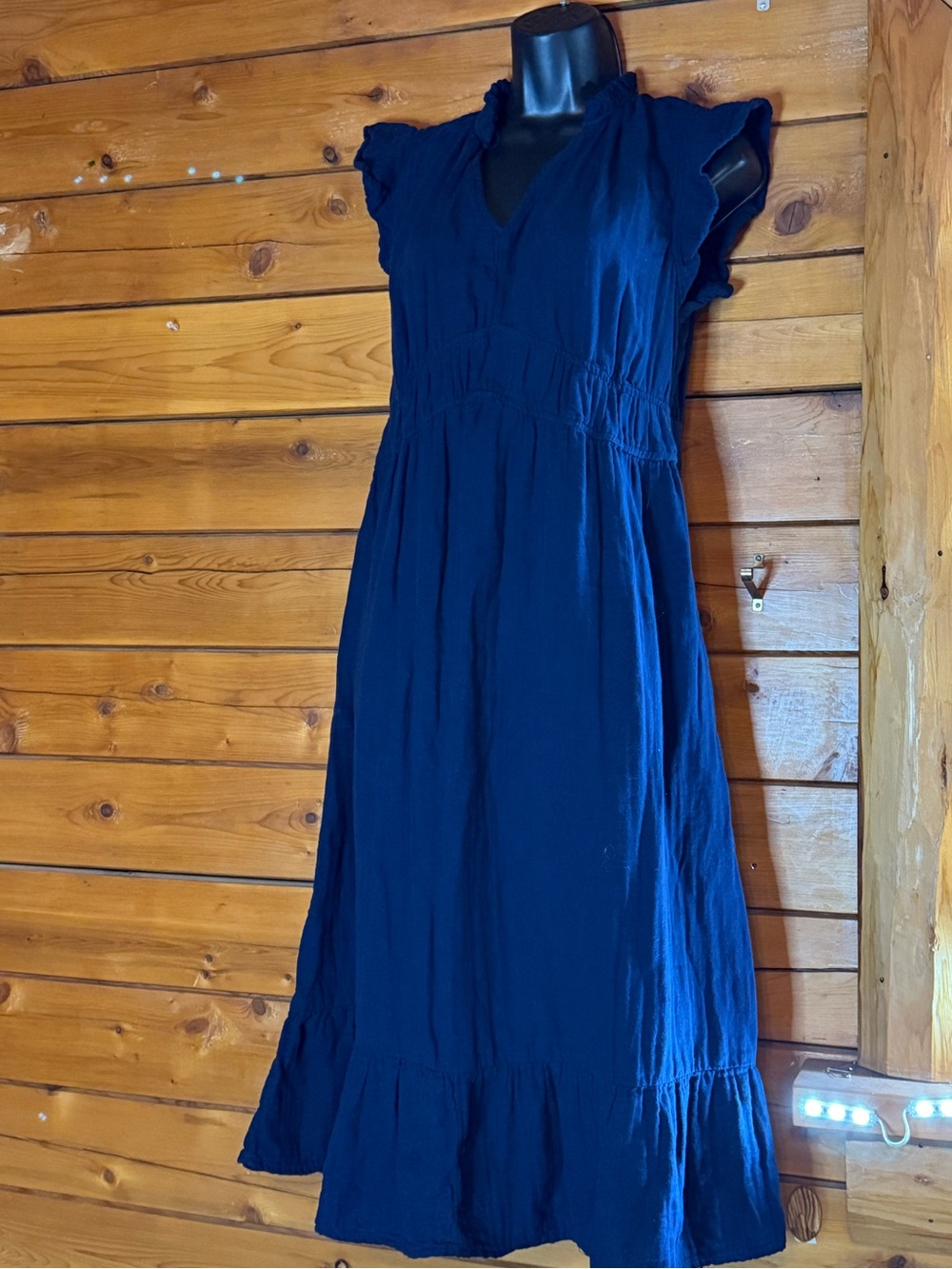 Women's Navy Blue Ruffle Sleeve Midi Dress 100% Cotton Cottagecore Farmchic - Picture 3 of 11